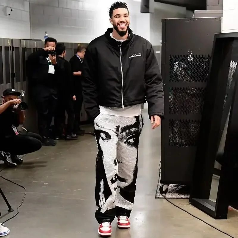 Y2K Fashion Men Vintage USA Street Sports Casual Straight Cargo Pants Mens Gothic Style Human Face Printed Basketball Trousers - Image 3