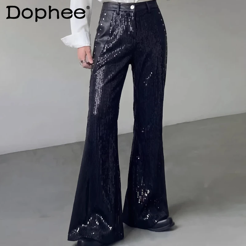 

Men's 2026 Spring New Sequins Design Trousers Personalized Micro Flared Pants Rivet Splicing Leather Handsome High Street Pants