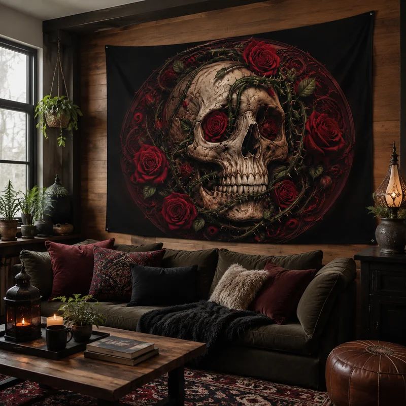 VIKAMA Gothic Skull Rose Tapestry, Dark Burgundy Thorned Floral Full Moon Abandoned Castle Wall Hanging, Gothic Bedroom Decor