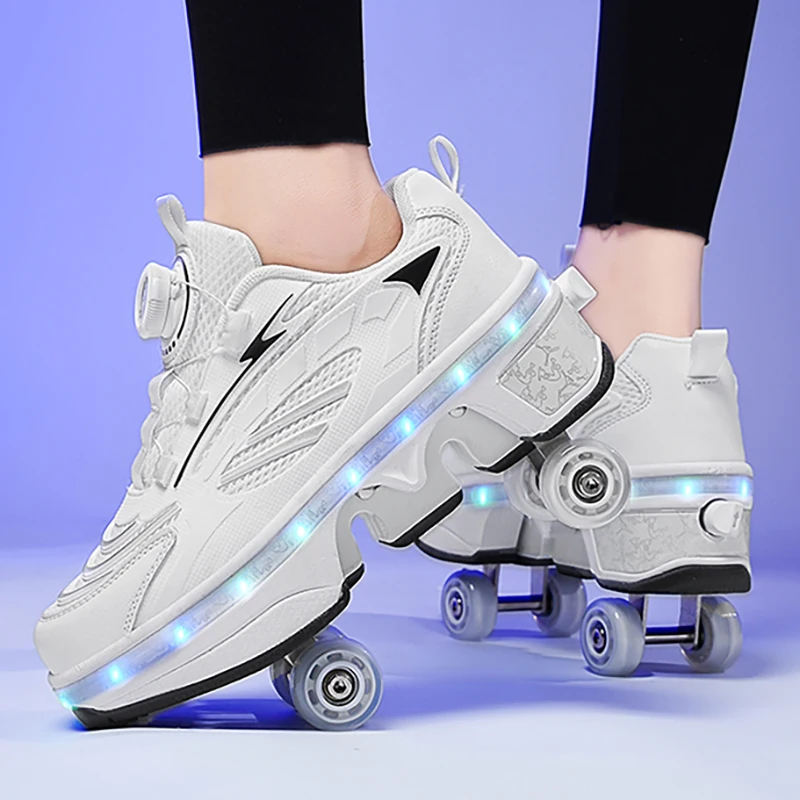 Fashion youth roller skates outdoor wheel shoes with lights multi-function rotary buckle wheel sports shoes