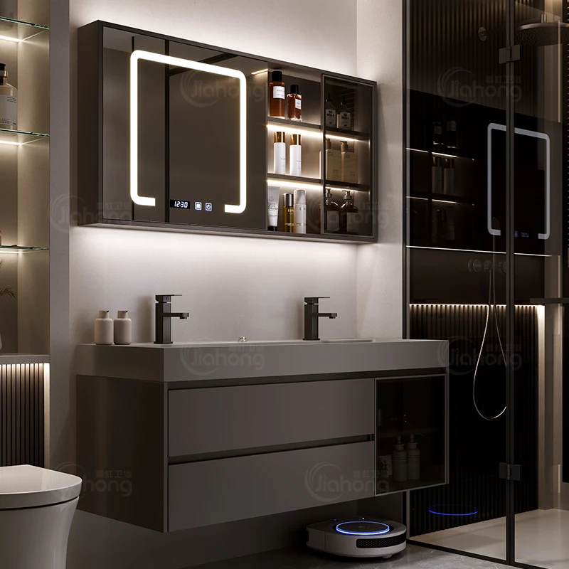 

Современная тумба для ванной комнаты с зеркалом и местом для хранения косметики и средств по уходу за кожей, минималистичная мебель для дома