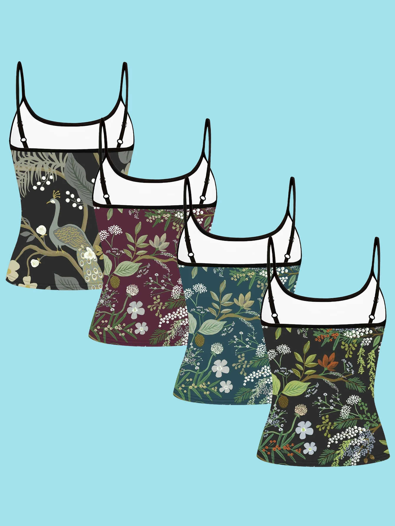 4-Piece Set of Women's Spaghetti Strap Camisoles, Vintage Jungle Peacock Plant and Wildflower All-Over Print Slim-Fit Sleeveless Tops, Forest-Style Retro Outerwear and Inner Layering Shirts