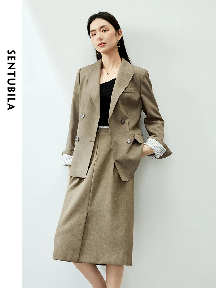 SENTUBILA Office Lady Elegant 2 Pieces Outfits Blazer Skirt Sets 2024 Spring Autumn Belted Tailored Coat Split Skirt 141Z53378