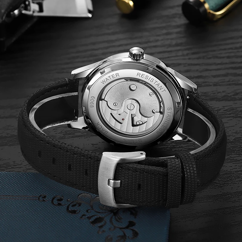 Dulunwe Automatic Mechanical Watch for Men Leather Strap Waterproof Tourbillon Watches Mens Relogio Masculino