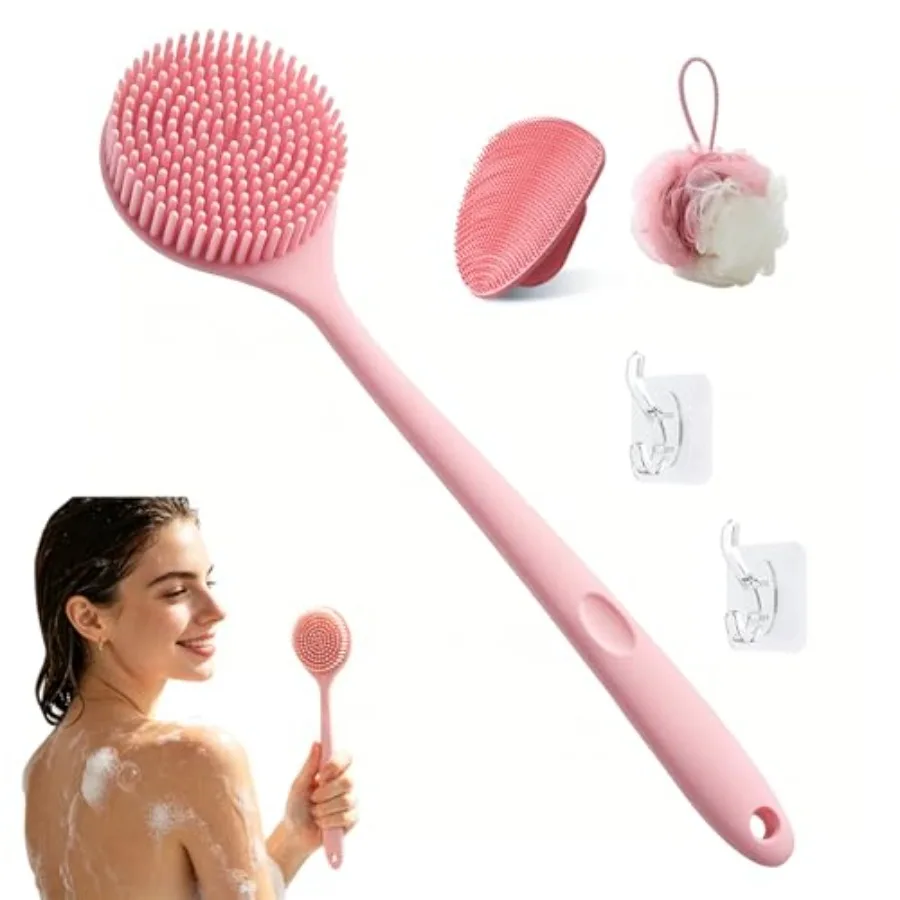 Silicone Back Scrubber for Shower, 15 Inch Length Long Handle Double Sided Body Brush with Face Scrubber, Bath Sponges Mesh Bal