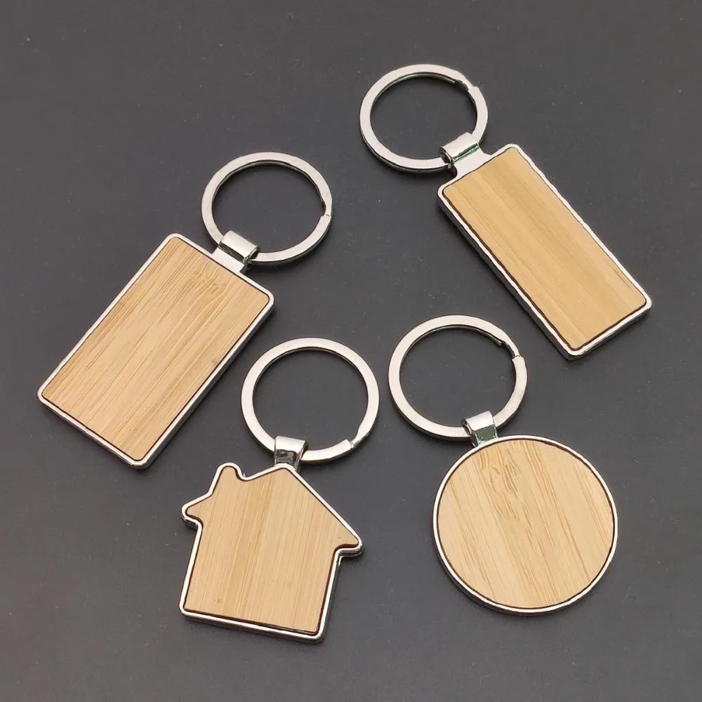Custom Wooden Keychain Laser Engraved Fashion DIY Bag Car Rectangular Circular Keyring Handmake Men Women Metal Accessory Gift