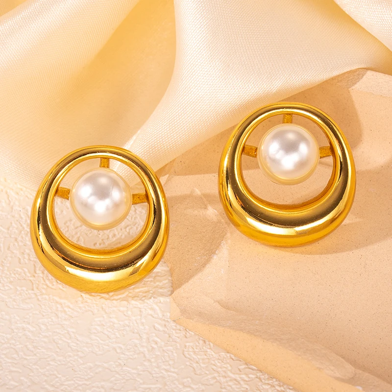 ENSHIR 316L Stainless Steel Imitation Pearls Irregular Circle  Heart Earrings For Women French Niche Jewelry Gifts Wholesale