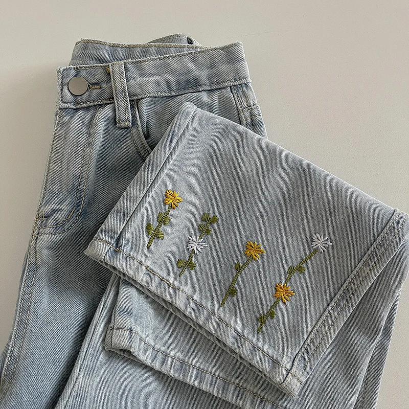 Versatile Light Blue Jeans for Women Colorful Embroidery Floral Print High Waist Denim Pants Female Casual Commute Outfits