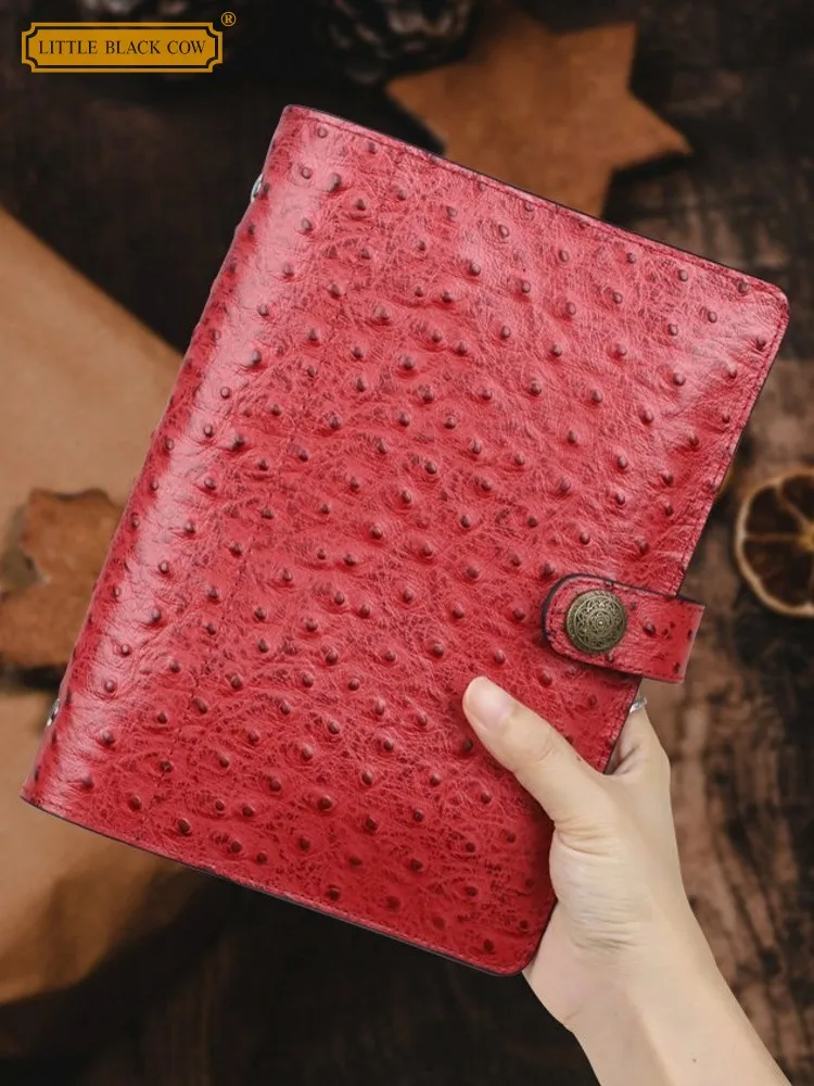 Designer Ladies Handmade Solid Color Ostrich Pattern Genuine Leather Flap Buckle Travel Diary Notebook Fashion Women Card Holder