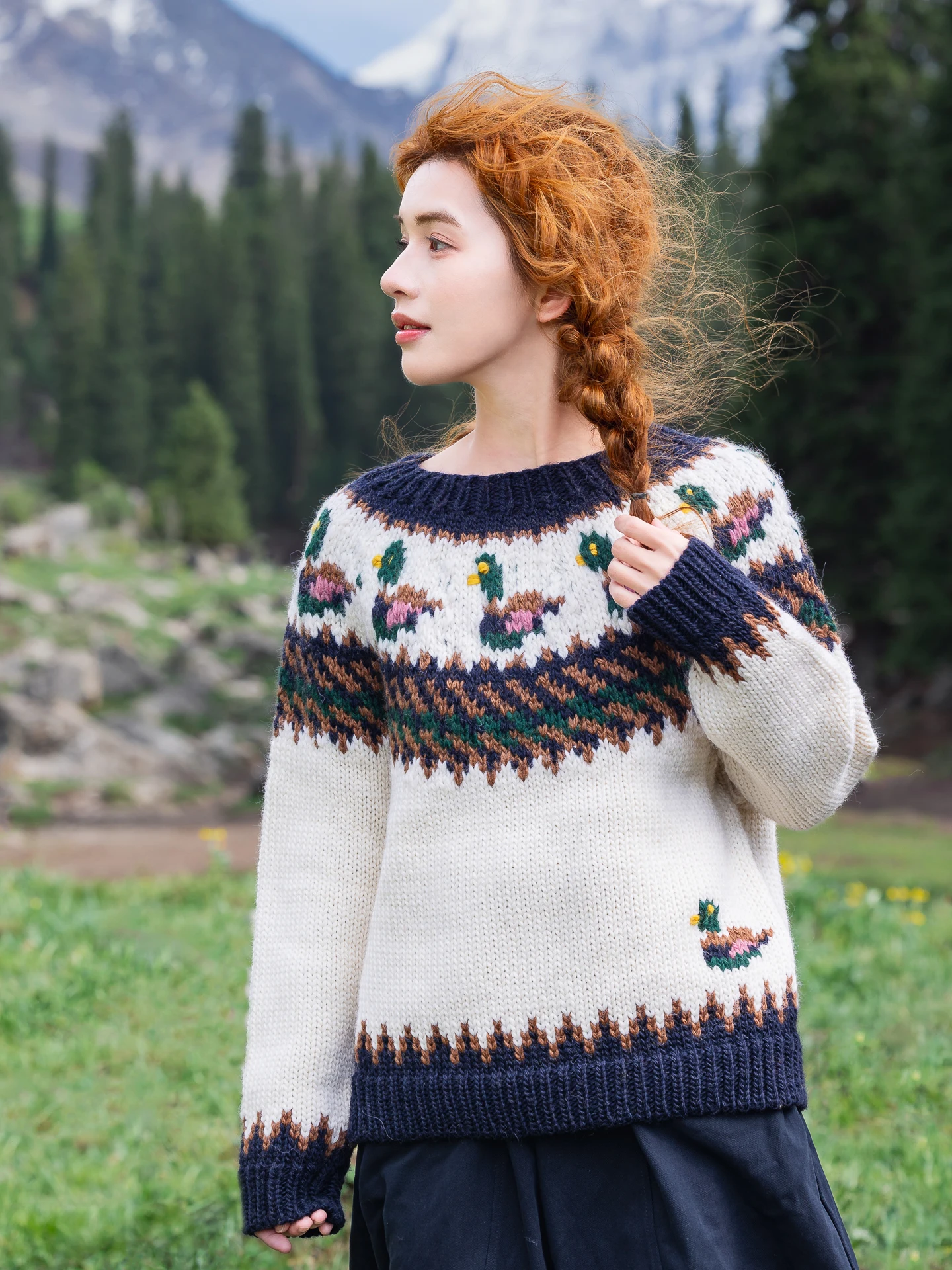 102cmBust FallWinter Pullovers Sweaters Women Vintage Fair Island Nordic Handmade Mandarin Ducks Loose 100%Wool Knitted Sweaters
