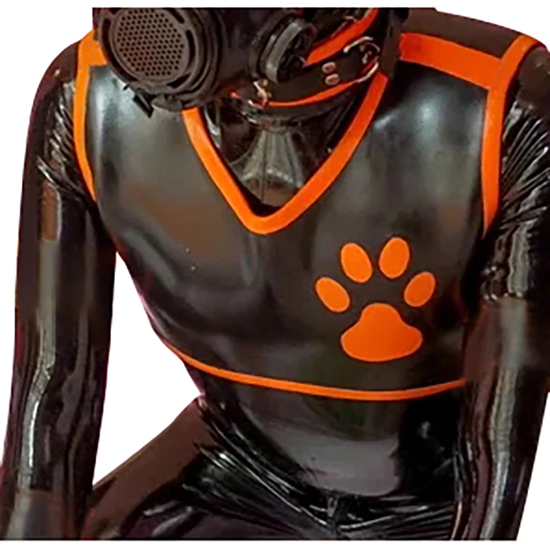 

Black And Orange Sexy Latex Crop Top With Puppy Trims Rubber Clothing Shirt Dog YF-0370