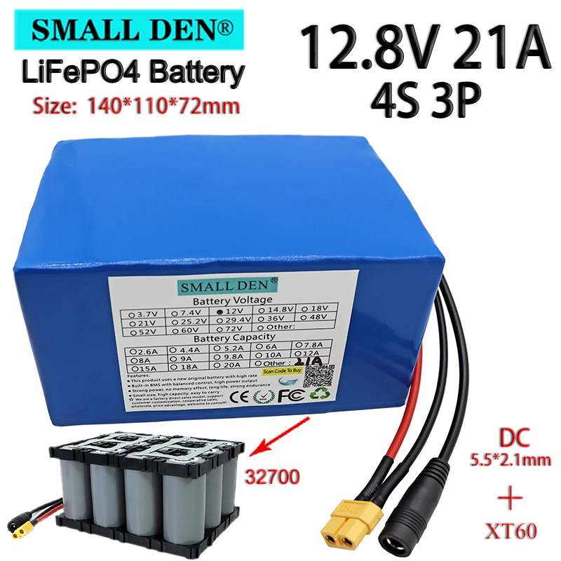 

12.8V 21A Lifepo4 battery pack 4S3P 32700 built-in 40A same port charge and discharge balance BMS 12V power supply