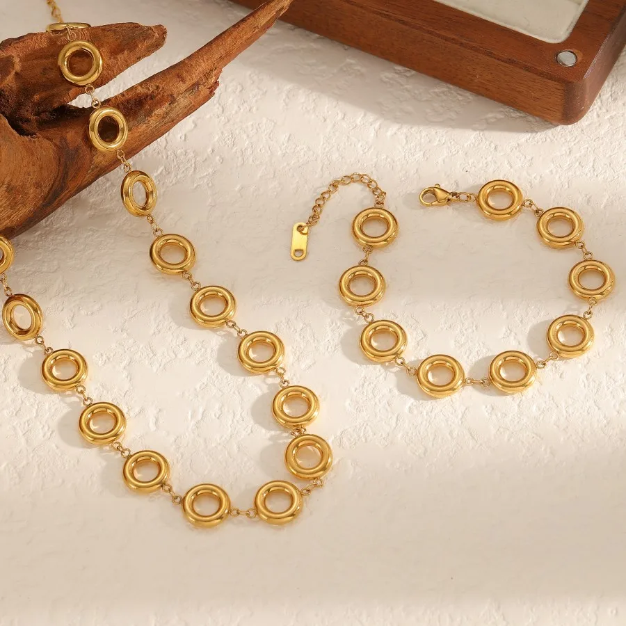 Modisches Edelstahl-Armband- und Halsketten-Set mit kleinen runden Ringen, 18K vergoldet, Schmuck, Mädchen-Handgelenk-Accessoires, Geschenke – Detail 3