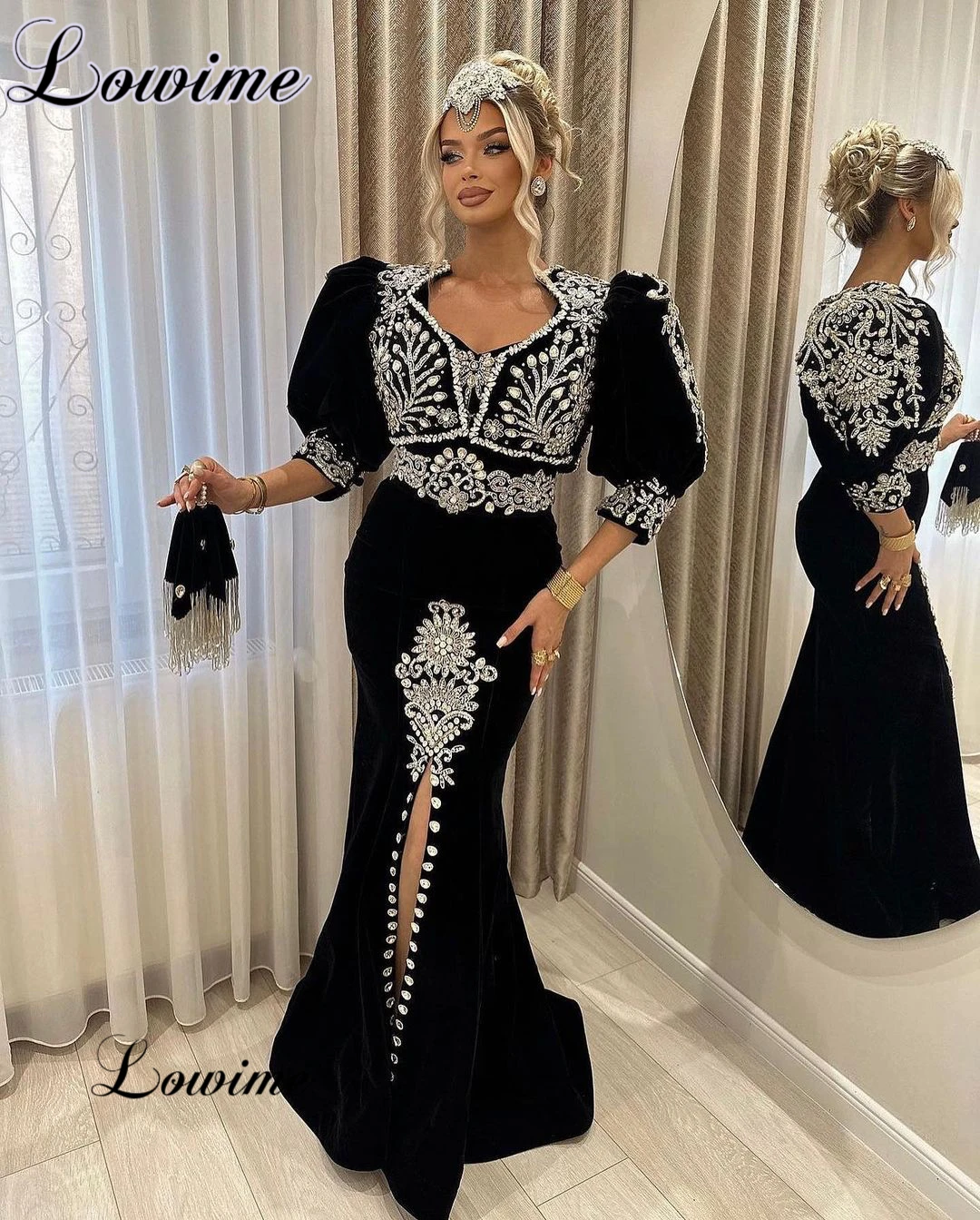 Middle East Black Prom Dresses With Crystals 3/4 Long Sleeves Mermaid Evening Gowns Vestidos De Cóctel Velvet Birthday Dresses