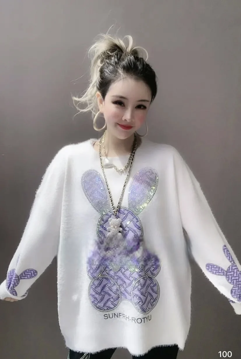 Round Neck Pullover Cartoon Rabbit Fashion Rhinestone Printed Knitted Coat Women Spring Autumn Loose Hoodie Long Sleeve Sweater