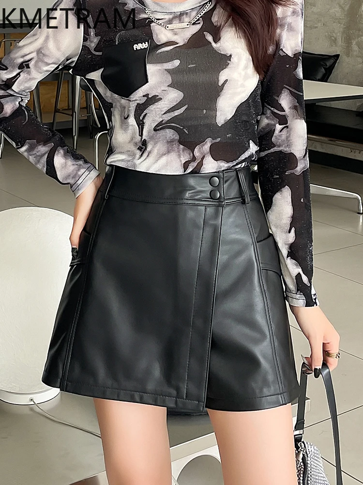 KMETRAM 100% Top Layer Sheepskin Short for Woman Black Genuine Leather Shorts Skirts Autumn Winter Women' S Clothes 2025 шорты