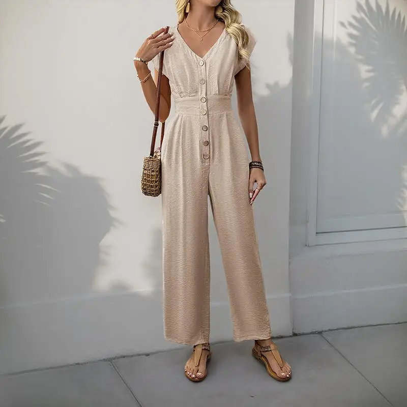 

Elastic High Waisted Wide Leg Jumpsuit Comfortable Stretchy Long Sve Suit High Waist Leather Fabric Women's Rer