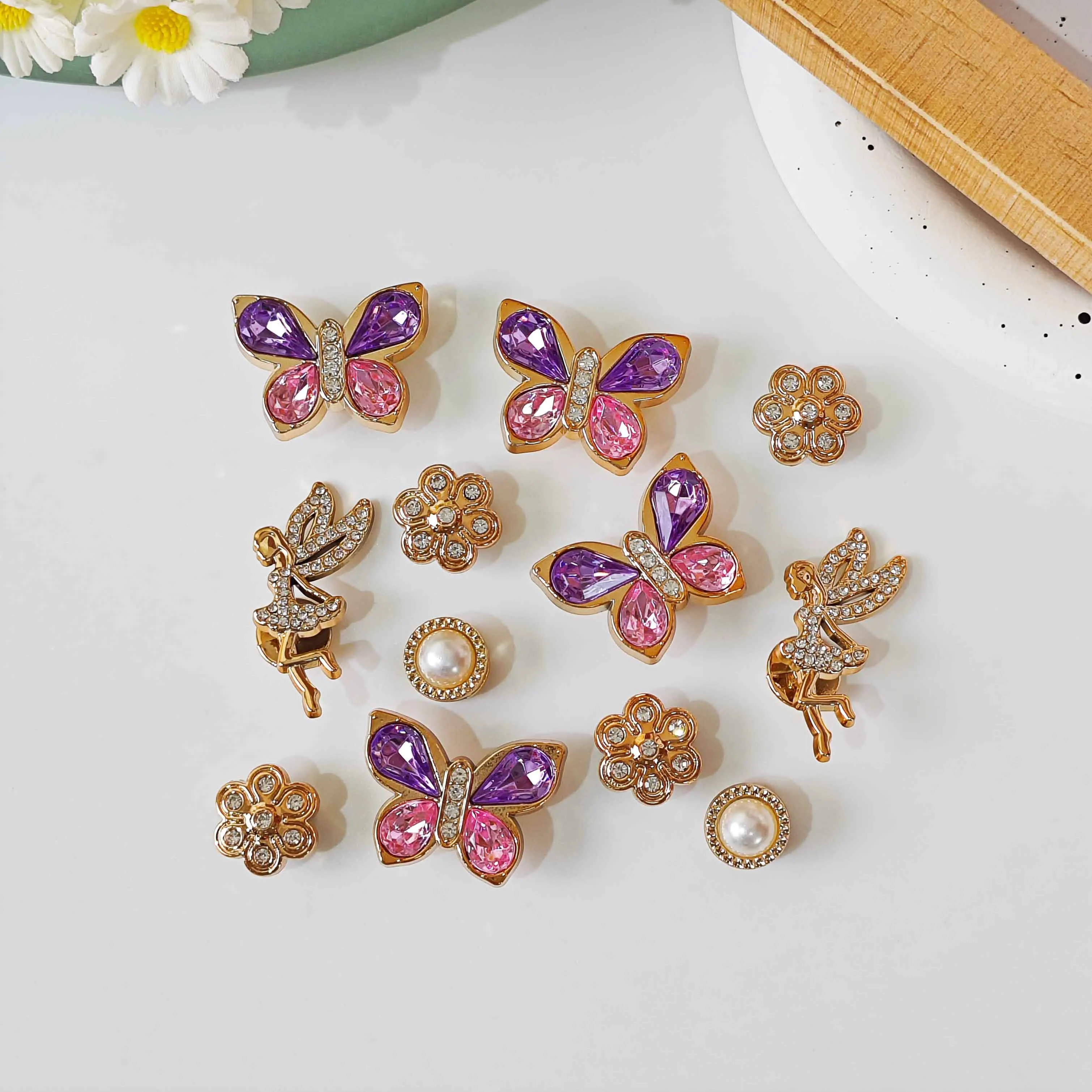 12Pcs DIY Shoe Decoration Charms Shiny Colorful Butterflies, Elves, Flower Decoration Clips Non-Metal Lightweight Material Y2K Fashion Versatile Cute Personalized for Men and Women Suitable for Eva Beach Shoes, Sandals, Removable Shoe Decoration, Holiday Gift
