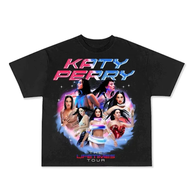 

Черная футболка Katy Perry The Lifetime Tour с красочным графическим принтом и несколькими изображениями персонажей, унисекс, хлопок, концерт