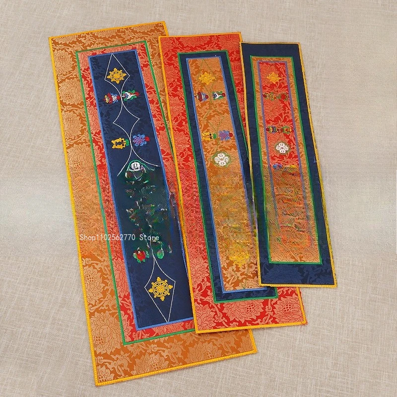 Tibetan Style Handmade Embroidered Eight Auspicious Symbols Long Mat Double Layer Thickened Table Ritual Cushion Meditation