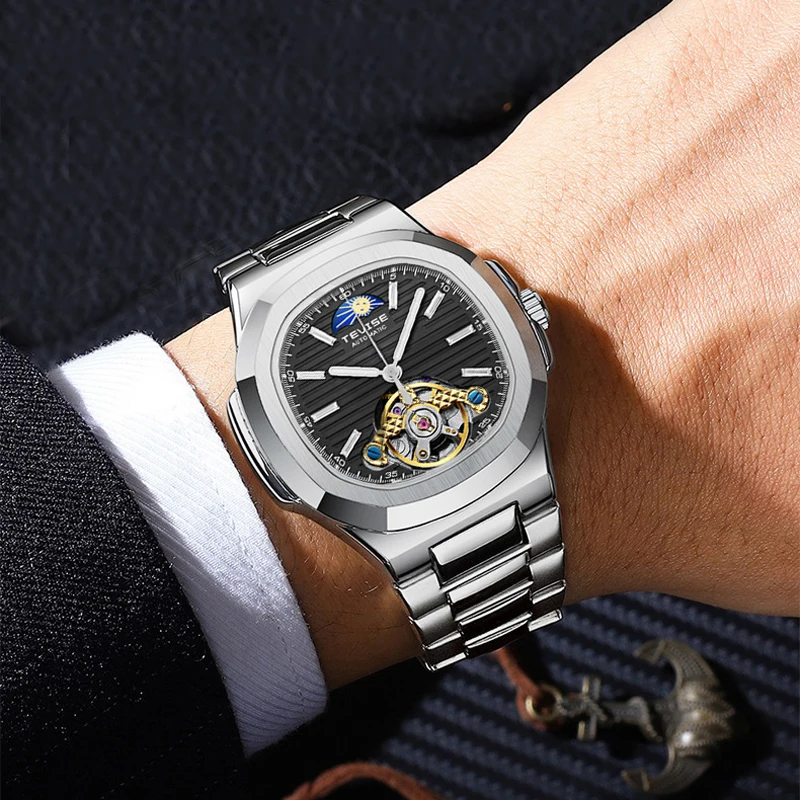 

Классический дизайн, спортивные часы с турбийоном, роскошные водонепроницаемые автоматические механические часы из нержавеющей стали со светящимися стрелками для мужчин