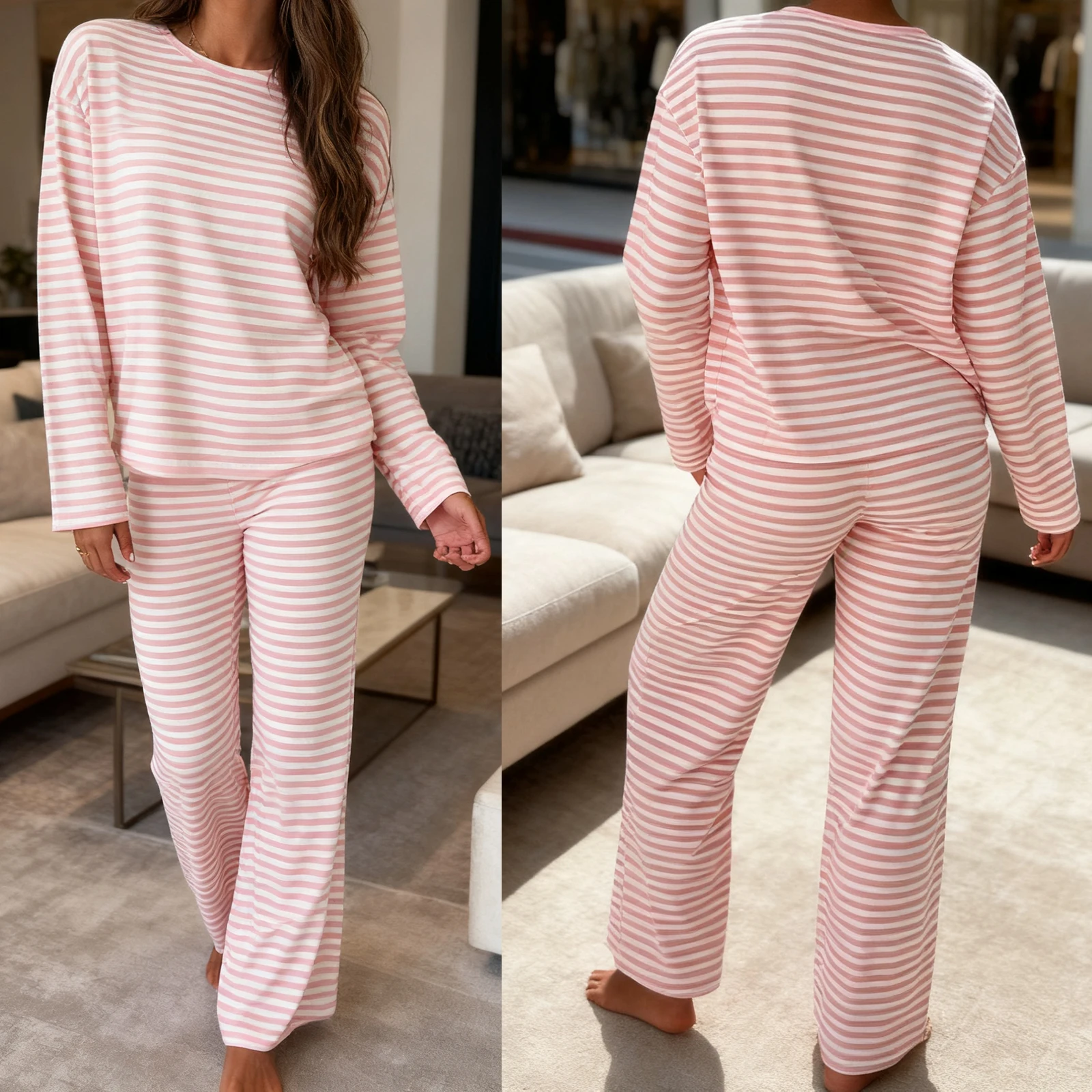 

Женские осенние полосатые комплекты домашней одежды из 2 предметов, укороченные футболки с длинными рукавами, футболки с эластичной резинкой на талии, широкие брюки, одинаковые пижамные комплекты