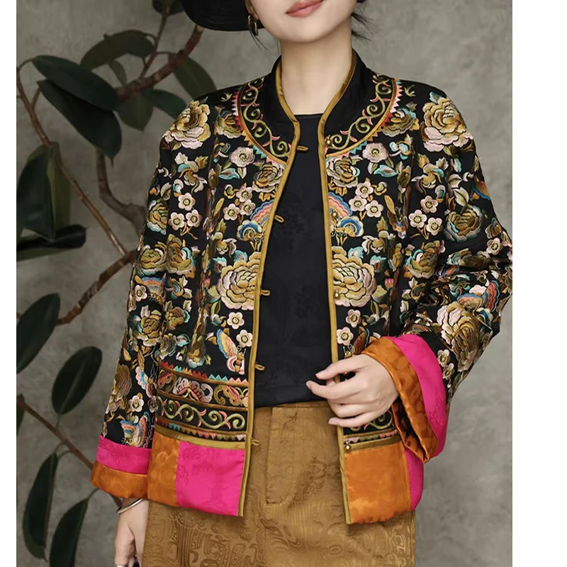 Autumn New Chinese style Stand up Collar Silk Fabric Palace Embroidery Butterfly+Peony Falling Shoulder Sleeve Women's Coat M-XX