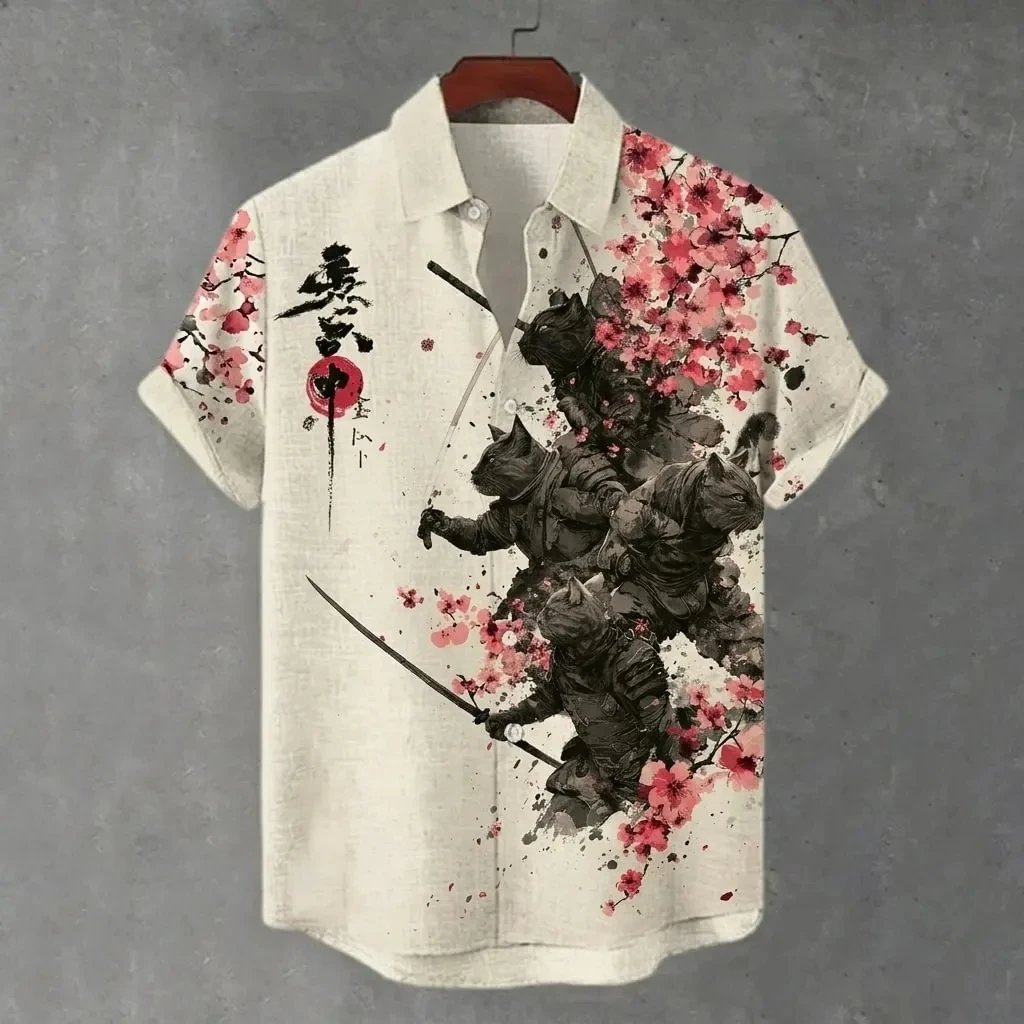 2026 fashionable men's trendy assassin ninja black cat pattern printed short-sleeved button shirt