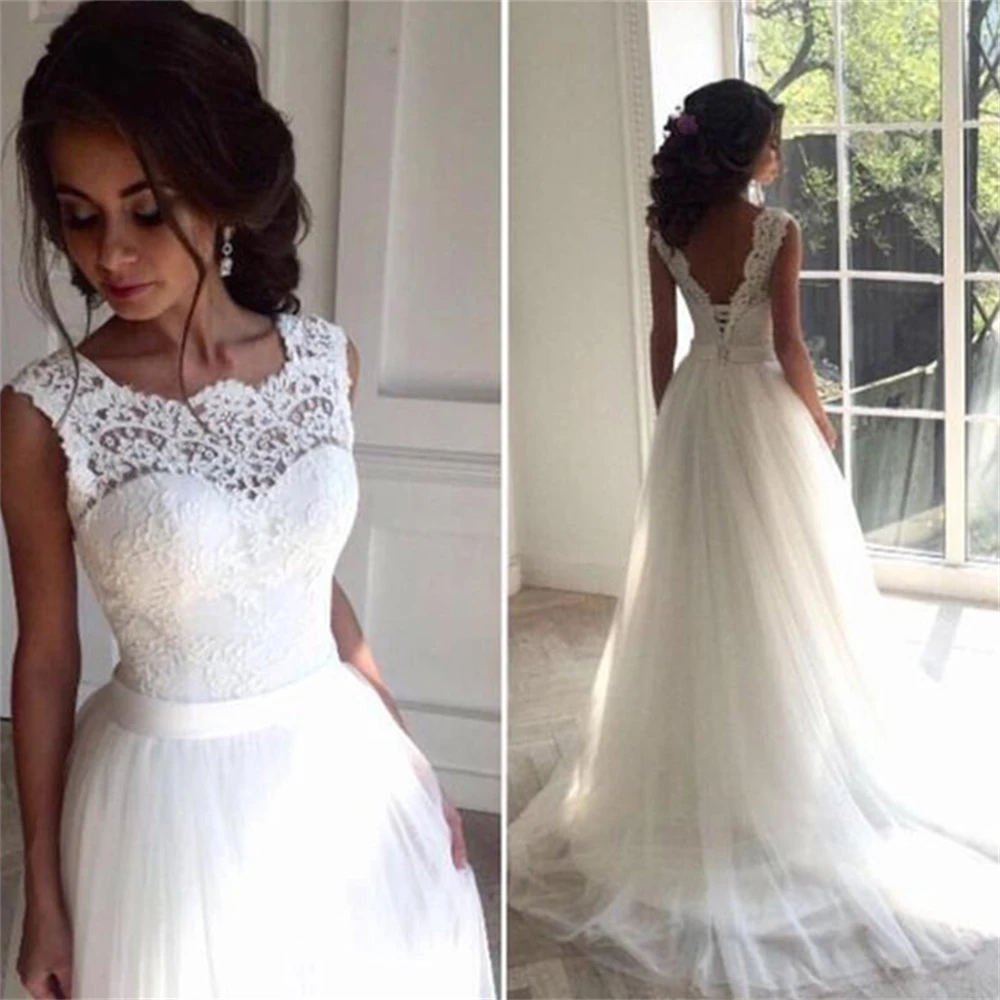

Customized ZJ9098 White Chiffon O-Neck Floor-length Backless A-line Wedding Dress for Beach, Vacation, Daily or Formal Occasions