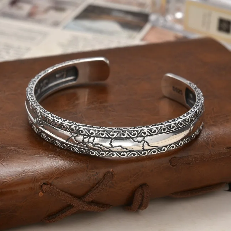 925 Sterling Indian Ethnic Style Flower Vintage Totem Carved Ancient Silver Open Bracelet Men And Women