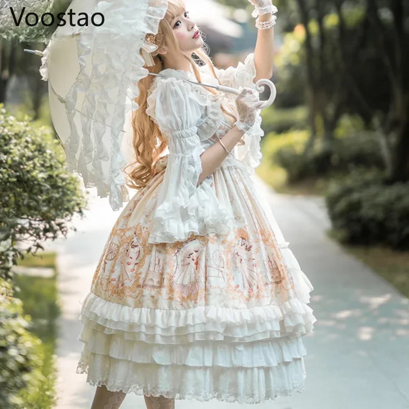 Sweet Lolita Princess Jsk Dress Victorian Vintage Women Cute Bow Lace Ruffles Sleeveless Party Dress Girls Chic Elegant Dresses