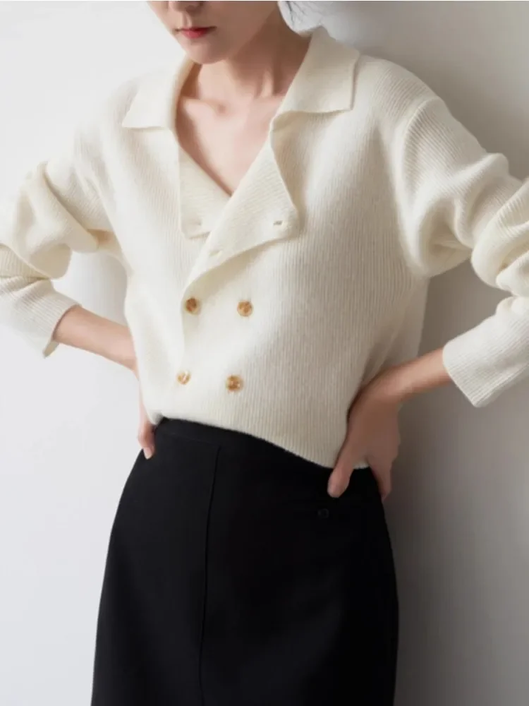 

Off White Double Breasted Knitted Sweater For Women's Autumn And Winter New Style French High-End Loose And Slimming Cardigan