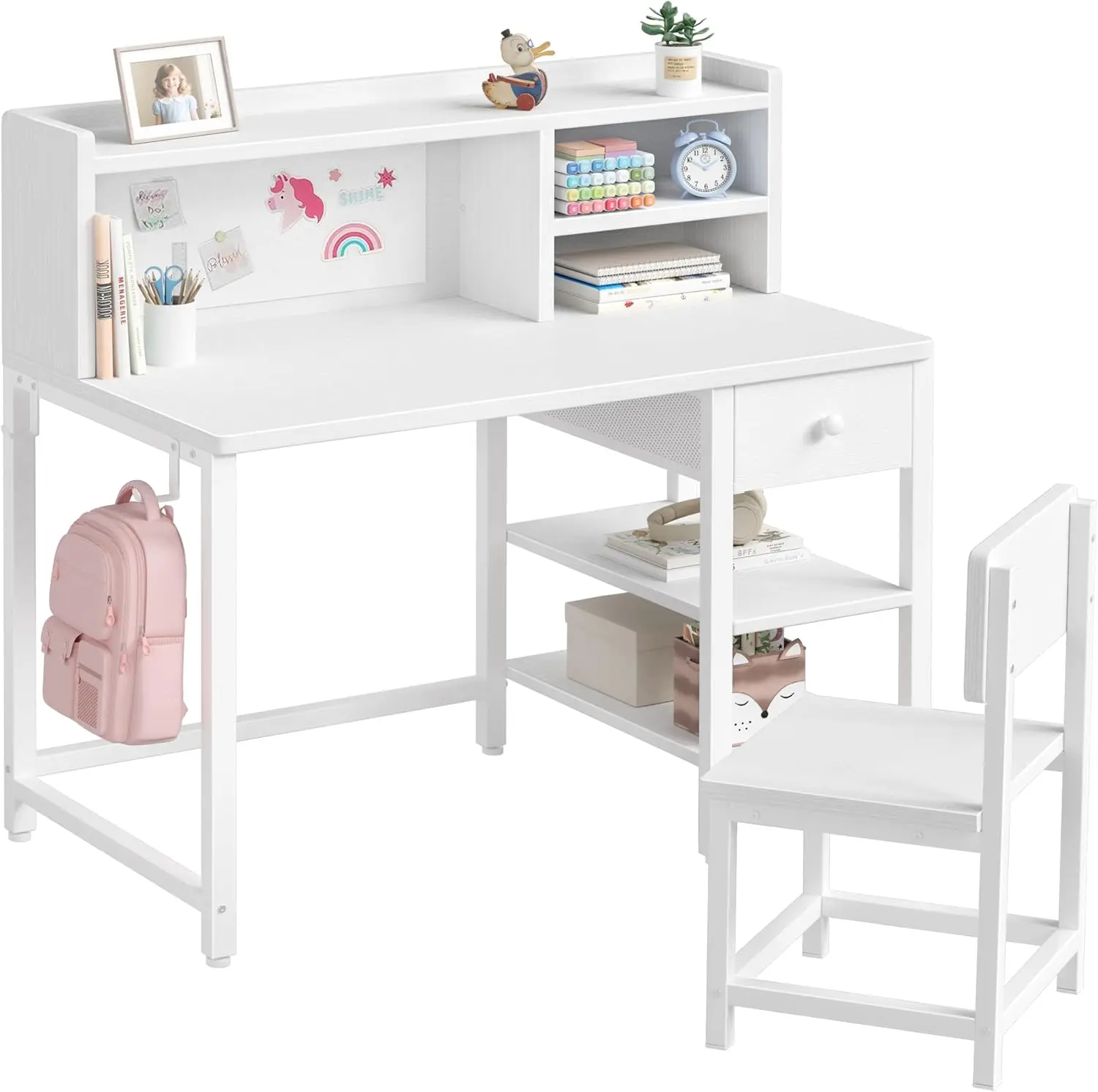 

Kids Desk and Chair Set for 6-12 Year Old, Study Table with Hutch, Storage Shelf, Fabric Drawer