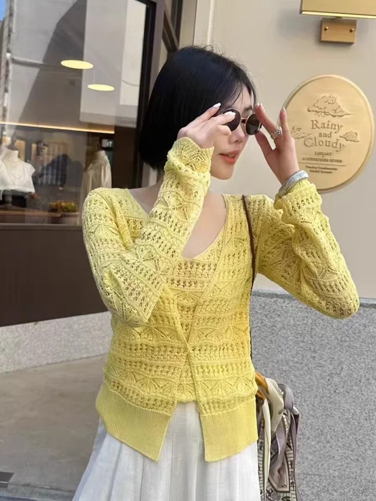 

Liangliang Hollow out Knitted Vest Women's Spring New Sle Retro Faion Loose Long Sve Knitted Open Cardigan Coat