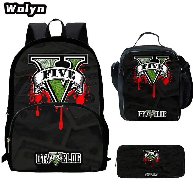 Auto mochila escolar com lancheiras, estojo de lápis, sacos de livros de impressão para mochilas Grades1-3 Students, 3pcs set