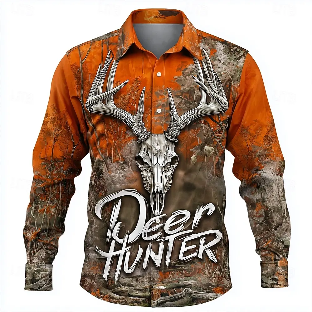 

Autumn men's long sleeved shirt Wild Hunting Shirt Elk pattern printed shirts 3D Retro graphic tops Breathable mens y2k clothing