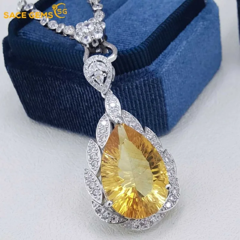 

SACEGEMS 925 Sterling Silver Certified 13*20MM Natual Citrine Pendant Necklaces for Womne Engagement Cocktail Party Fine Jewelry