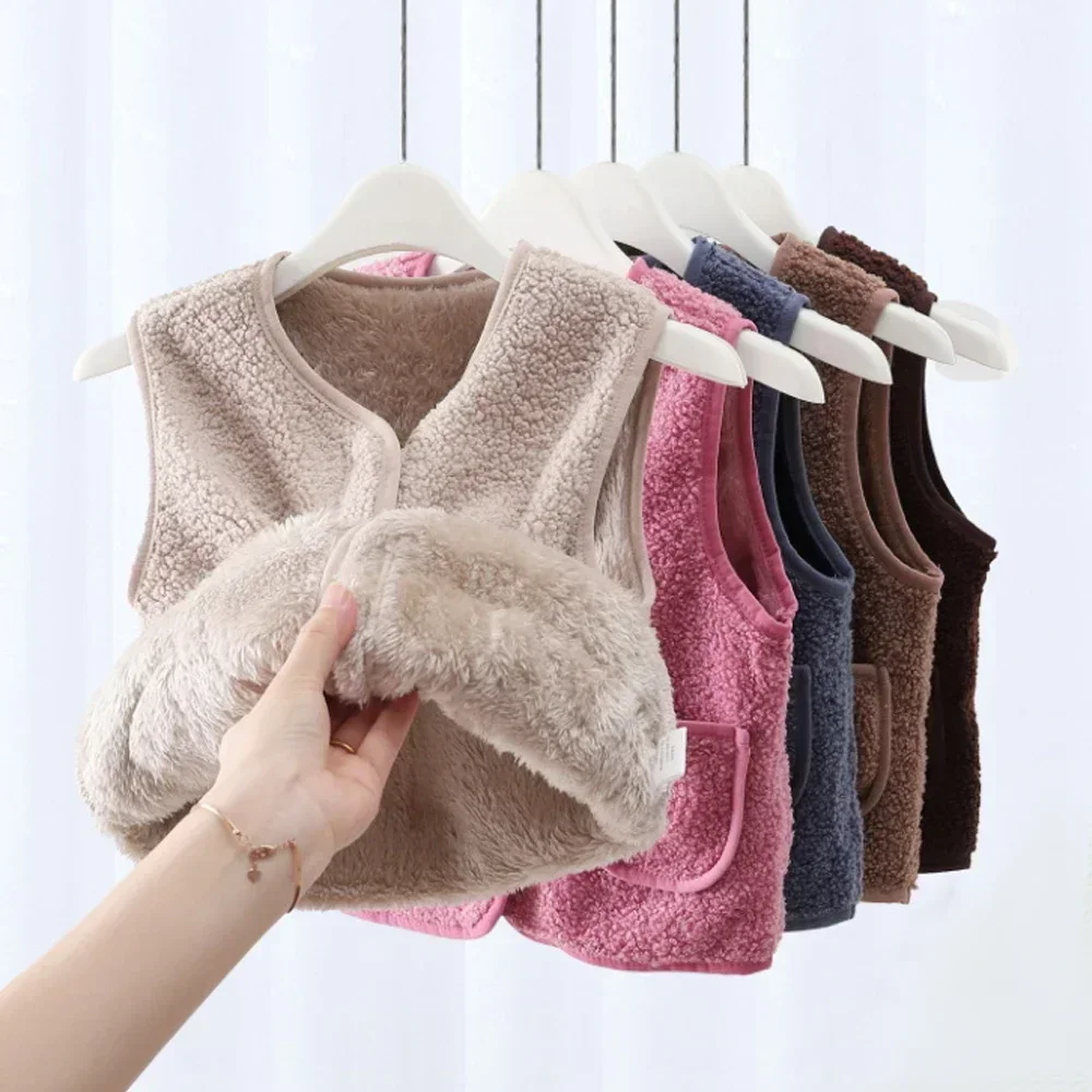 Autumn Winter Baby Lamb Wool Warm Waistcoat Girls Boys Plush Vest Single Breasted Double Layer Child Warm Fashion Warm Coat
