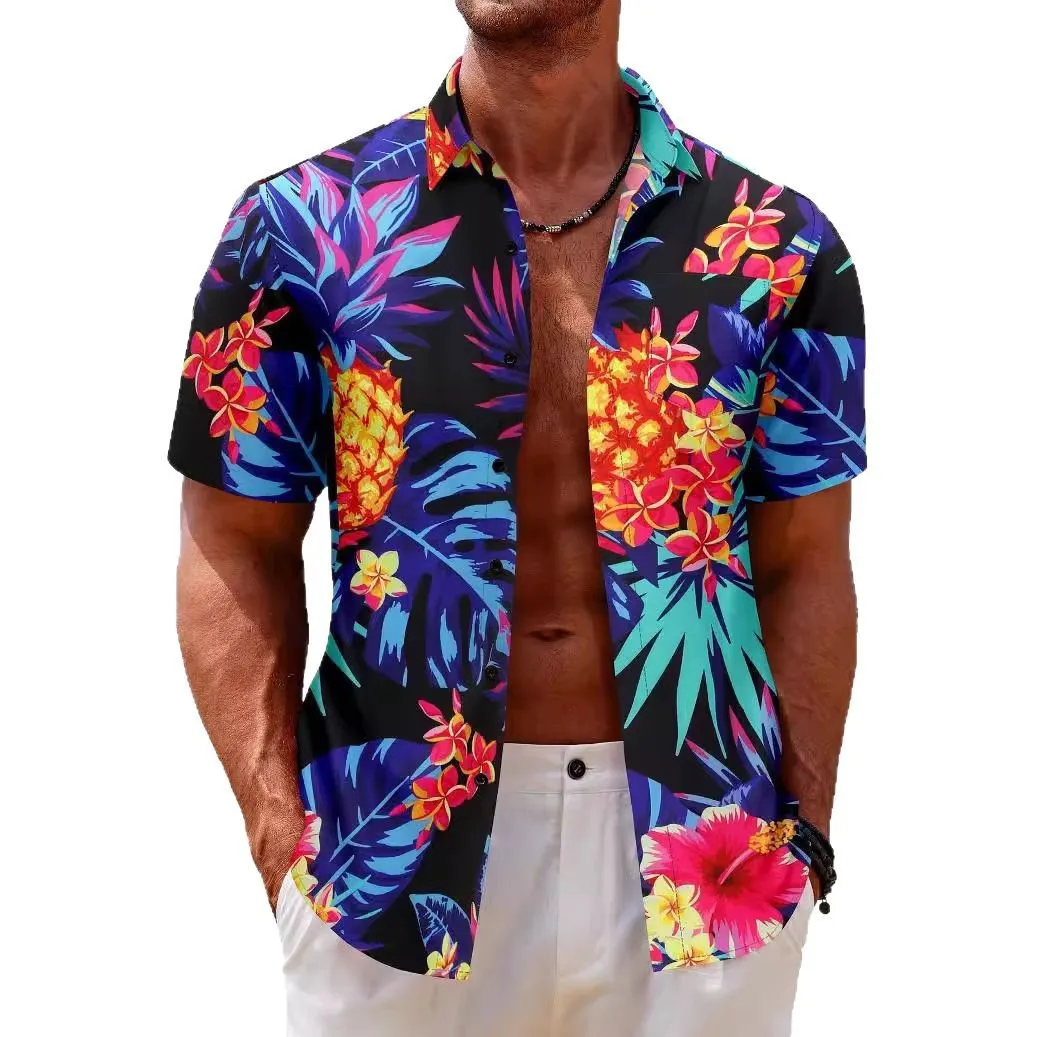 2025 Summer Short Sleeved Shirt, Casual Button Up Collar Top, Loose Digital Printed Shirt, Trendy Vacation Men's Clothing