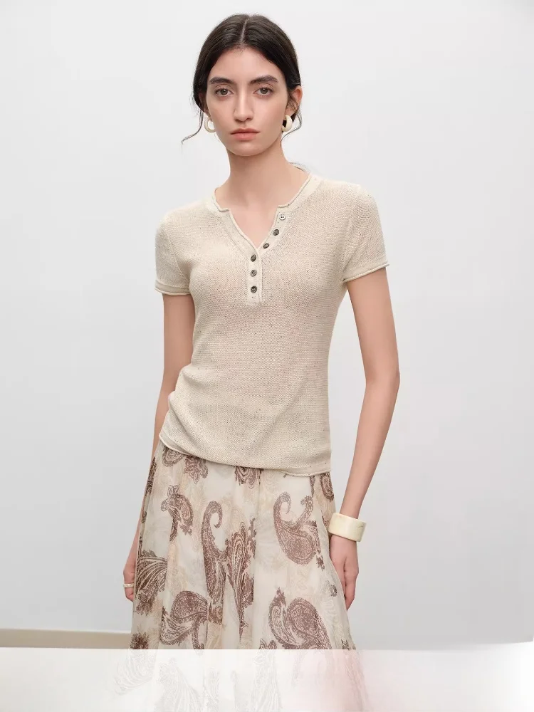 

Self-Ele ort Sve Henry Collar Knitted Top Women's Slim Fit Sle Commute Faion Polyester Rayon Linen Blend Summer