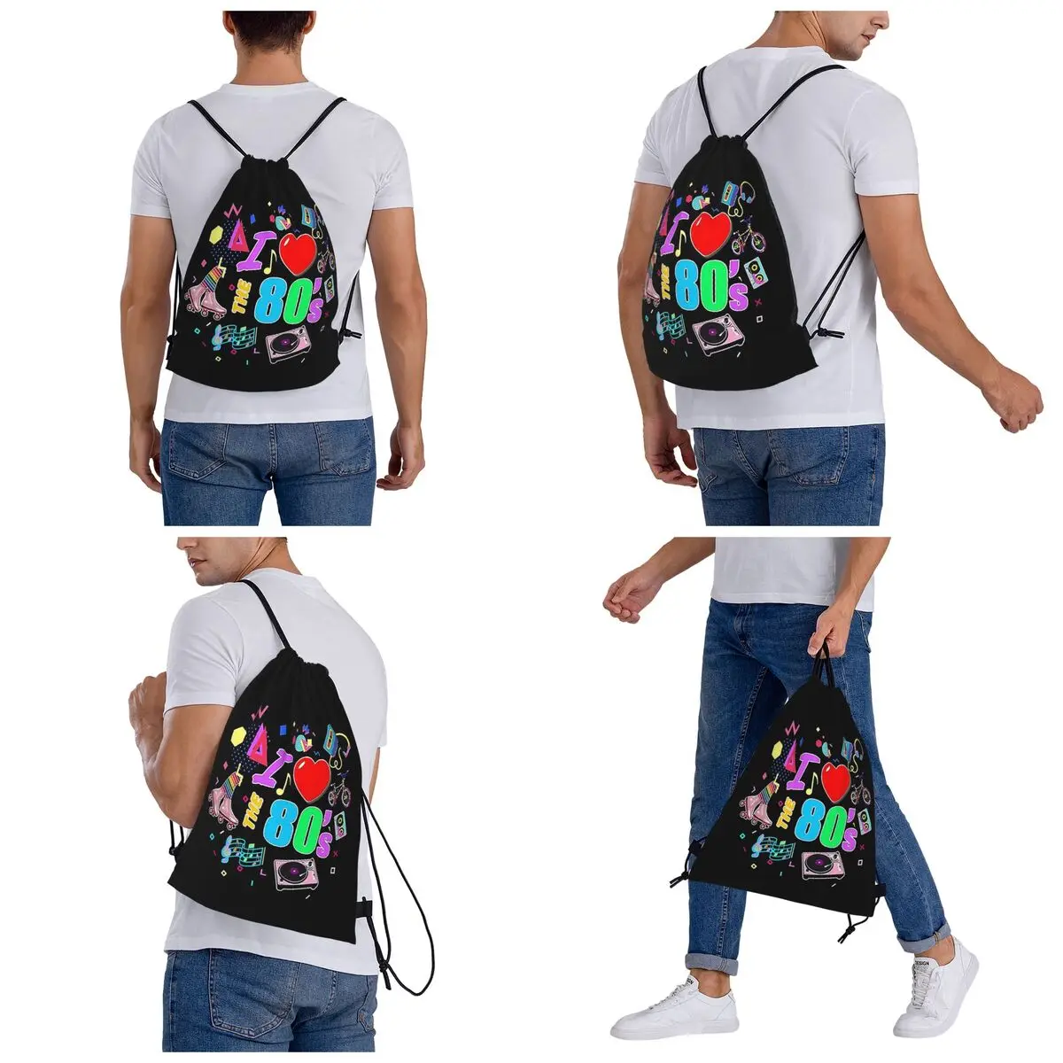 I Love The 80's Retro Heart Backpacks Multi-function Portable Drawstring Bags Shoes Bag Book Bags For Man Woman School