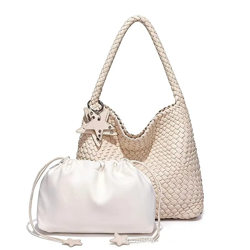 Hand Woven PU Leather Handbag Shoulder Bag with Star Pendant Drawstring Inner Pouch Large Tote Bag for Women Daily Travel Dating