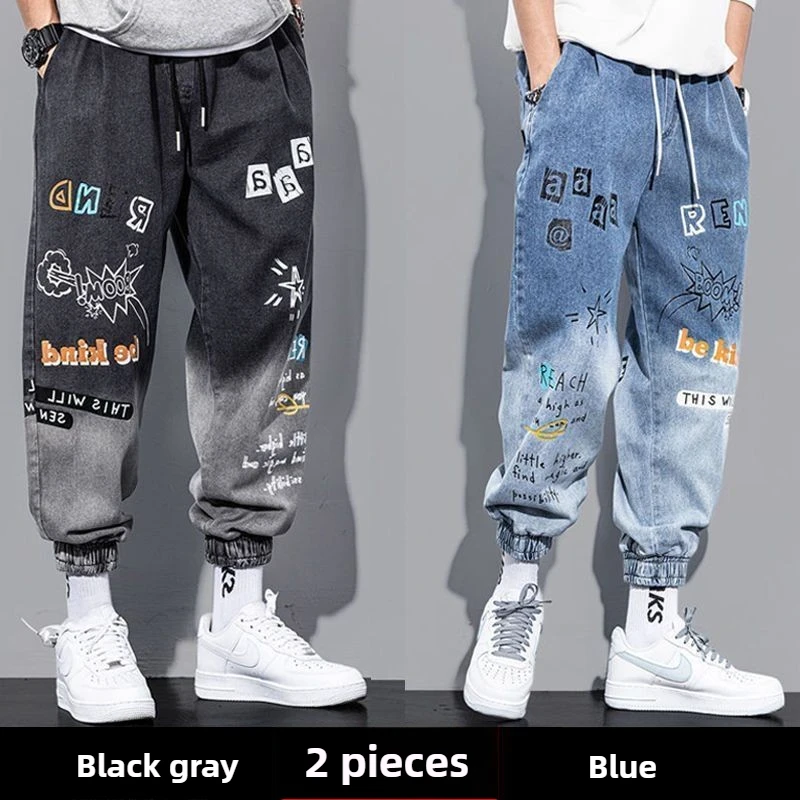 

Men's Cuffed Jeans 2024 Korean Streetwear, Graffiti Ombre Baggy Pants Hip Hop Style, Spring Fall Tapered Joggers for Students