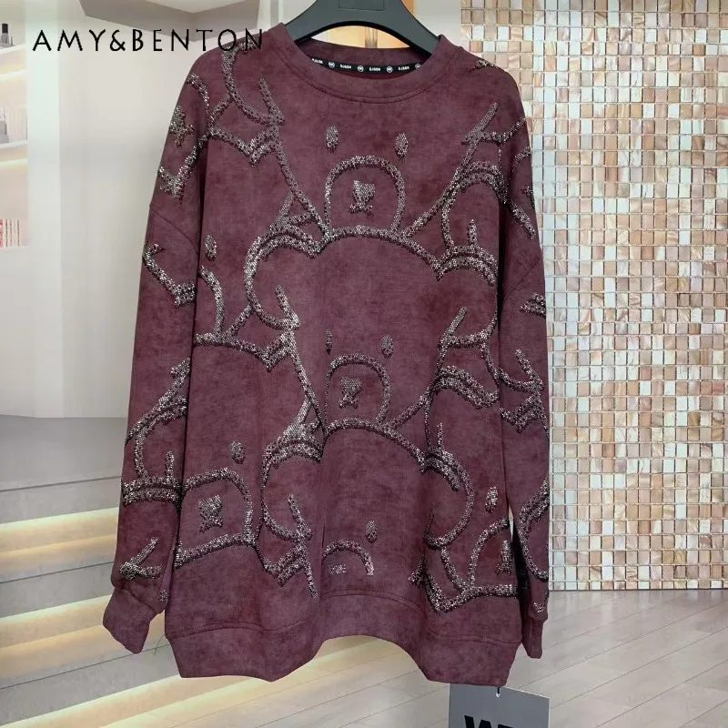 Autumn New Heavy Industry Full Diamond Cartoon Jacket Coat Average Size O-Neck Hoodies Fashion Loose Sweatshirt Top For Ladies