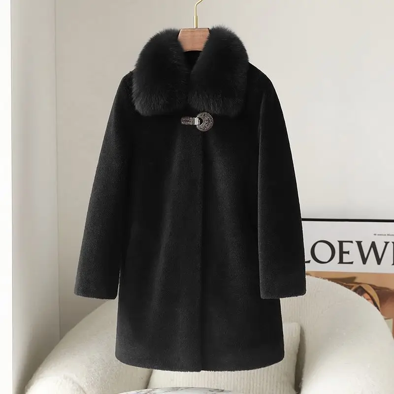 

2026 New Fur Integration Coat Ladies Middle-aged Mom's Autumn Winter Fur Jacket Women Long Shear Wool Outwear Thick Overwear Top