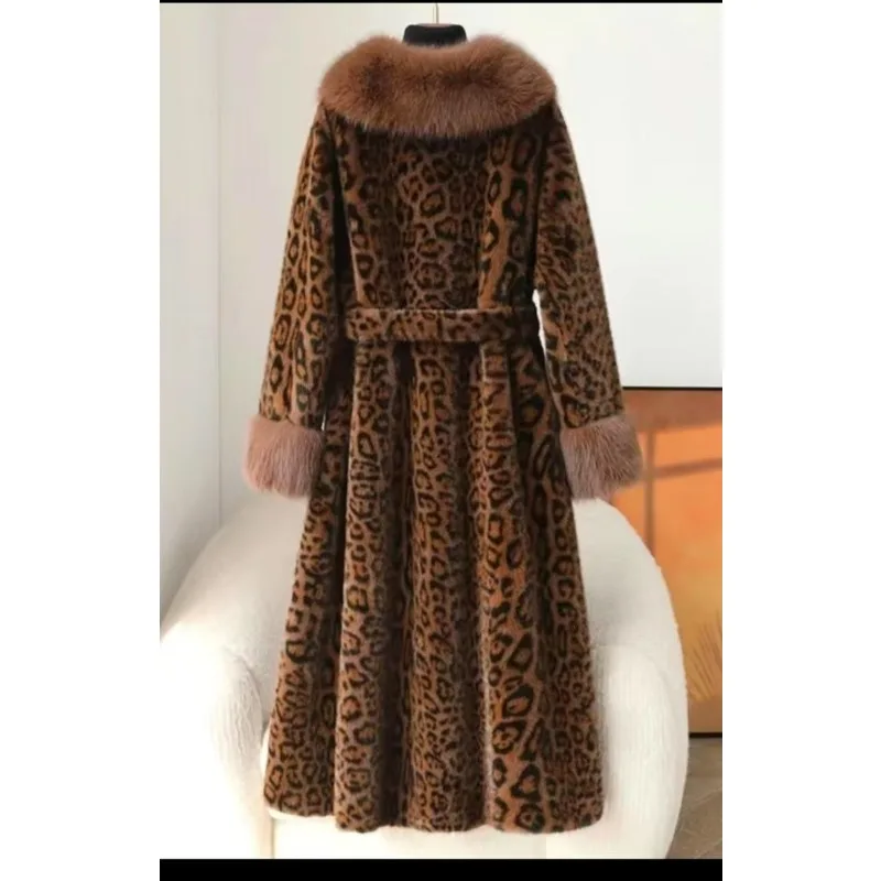 Women's Clothing New Leopard Print Long Faux Fur Coats Trench Coats One-piece Chic Winter Warm Fashion Thicken Fur Collar Belt