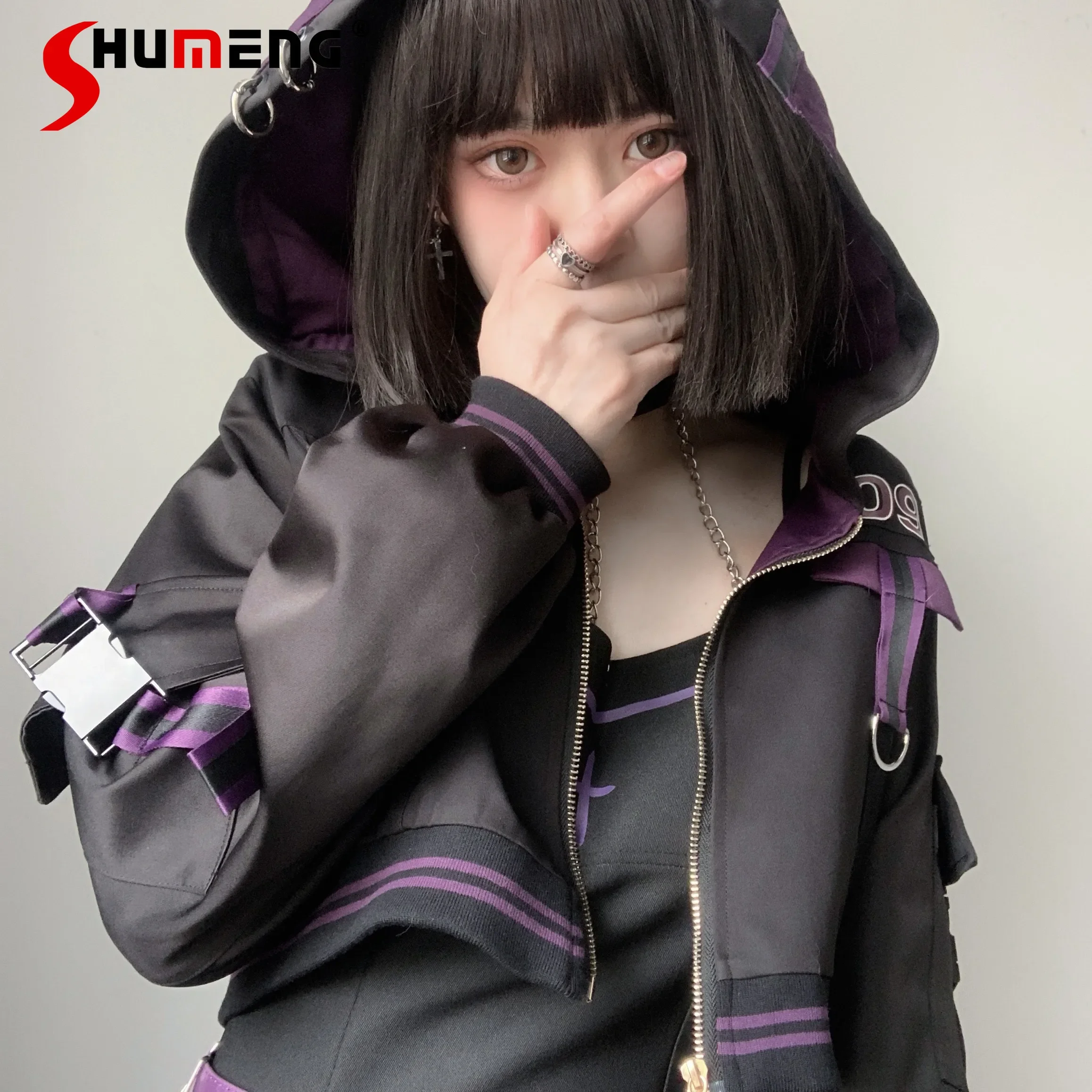 Japanese Style Mechanical Girl Dress Suit Original Sweet Cool Long Sleeve Hooded Jacket for Women Short Sling Dresses 2 Pieces