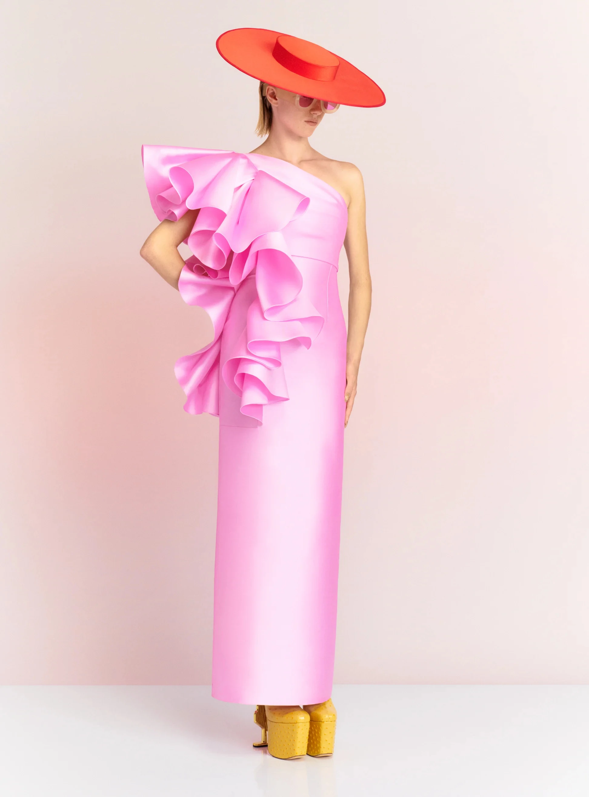 Formal Satin Straight One Shoulder Ruffles Evening Dress Back Slit Floor Length Sleeveless Solid Color Vestidos de fiesta