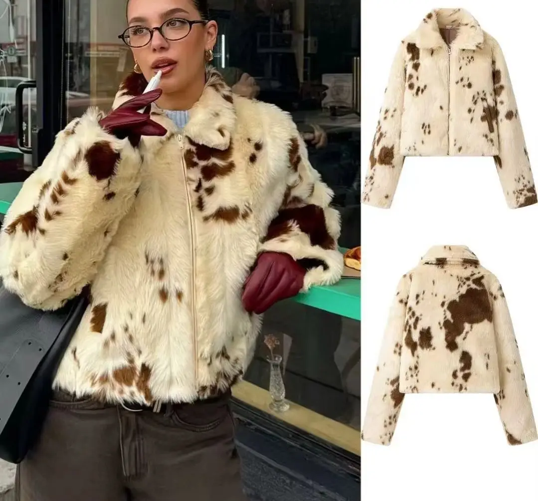 BB Chic Street Girls Cow Print Fur Coat Women 2026 Winter New Brand Fashion Warm Faux Fur Jacket Autumn Iconic Streetwear