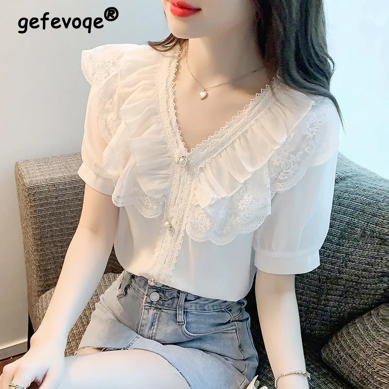 Women\'s Summer Stylish Ruffle Lace Patchwork Blouse White Elegant Chic Sweet Beaded Shirt V Neck Short Sleeve Tops Casual Blusas